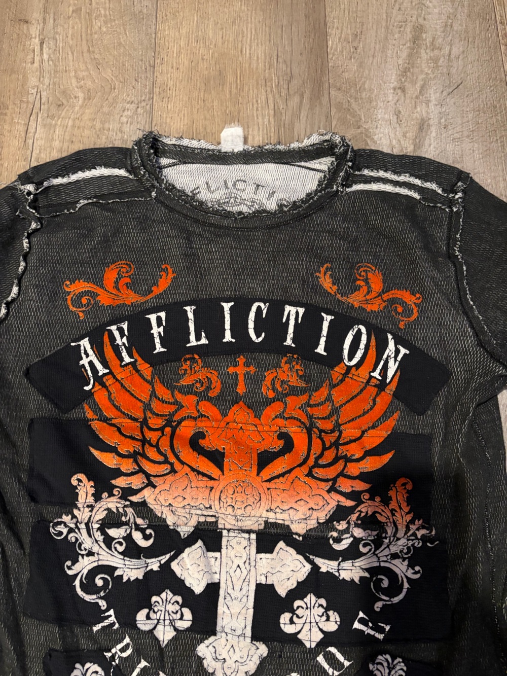 Y2K Affliction Black Long Sleeve with Orange and White Crest Graphic. Size XL - Picture 3 of 7